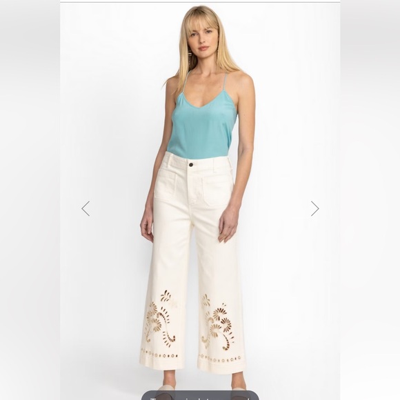 Johnny Was White Flare Jeans with Gold Embroidery